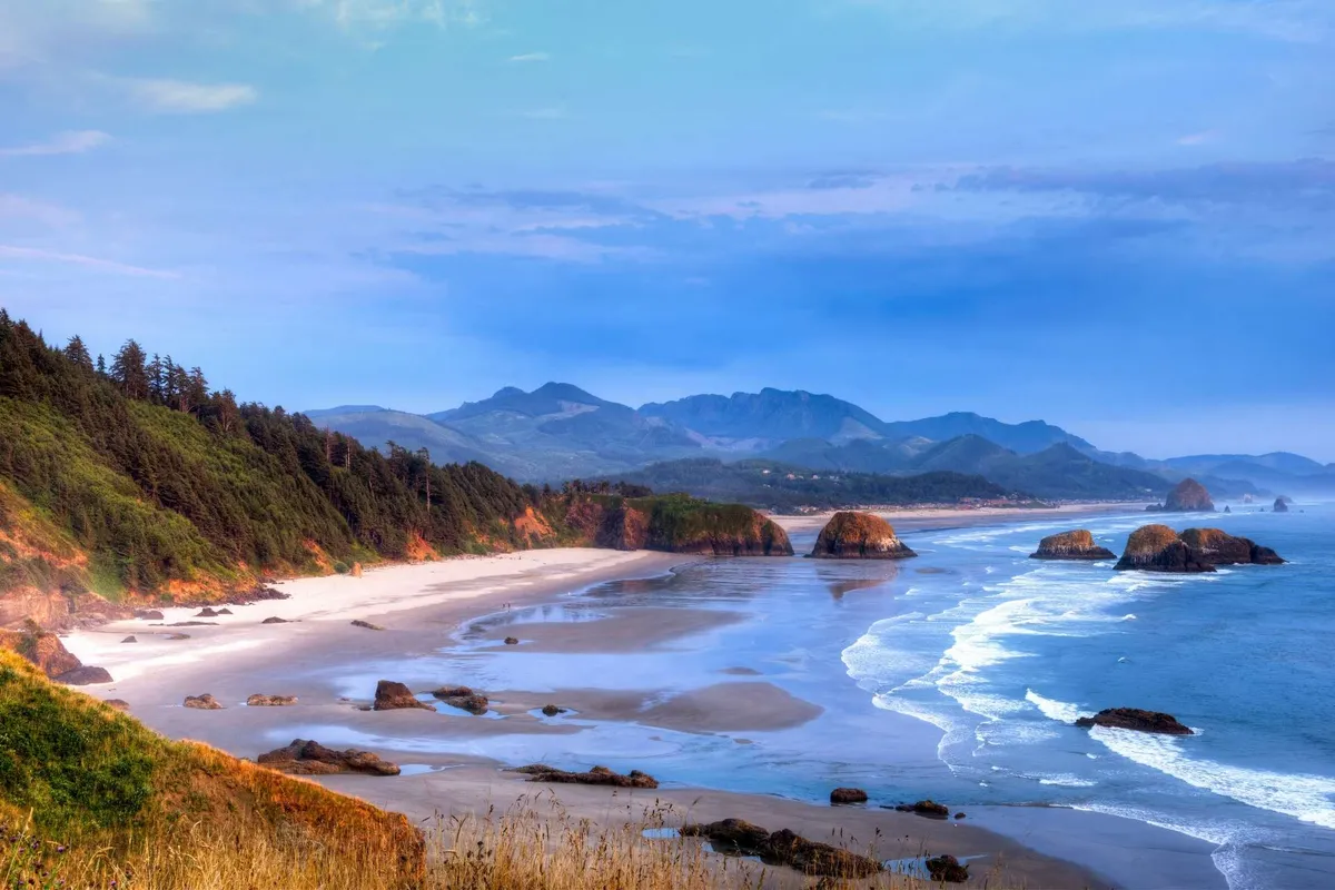 This wide-angle view highlights a pristine beach, dramatic ocean rock formations, and a distant mountain range. The scene suggests opportunities for outdoor recreation like hiking, beachcombing, and photography.