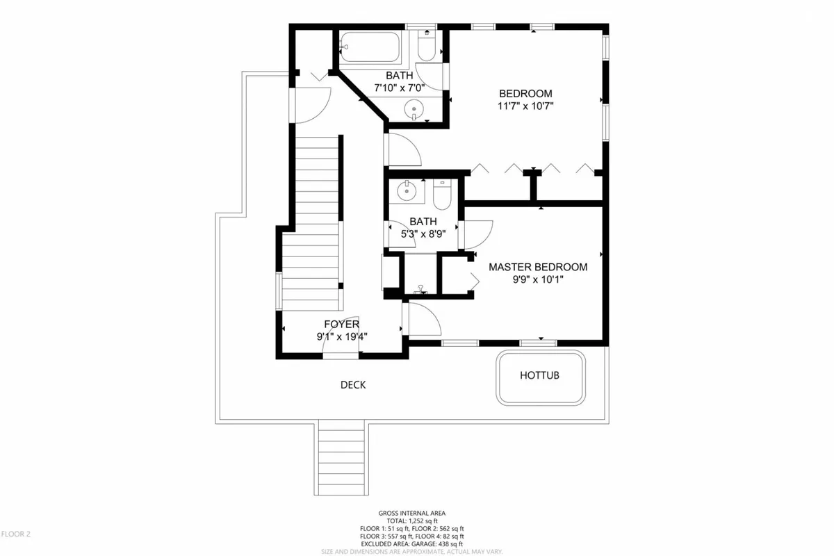 This image peeks into the foyer, master bedroom, the deck, and features a visible hot tub. The inviting spaces suggest warmth and comfort, with the outdoor hot tub hinting at evening relaxation and the master bedroom promising privacy and serenity.